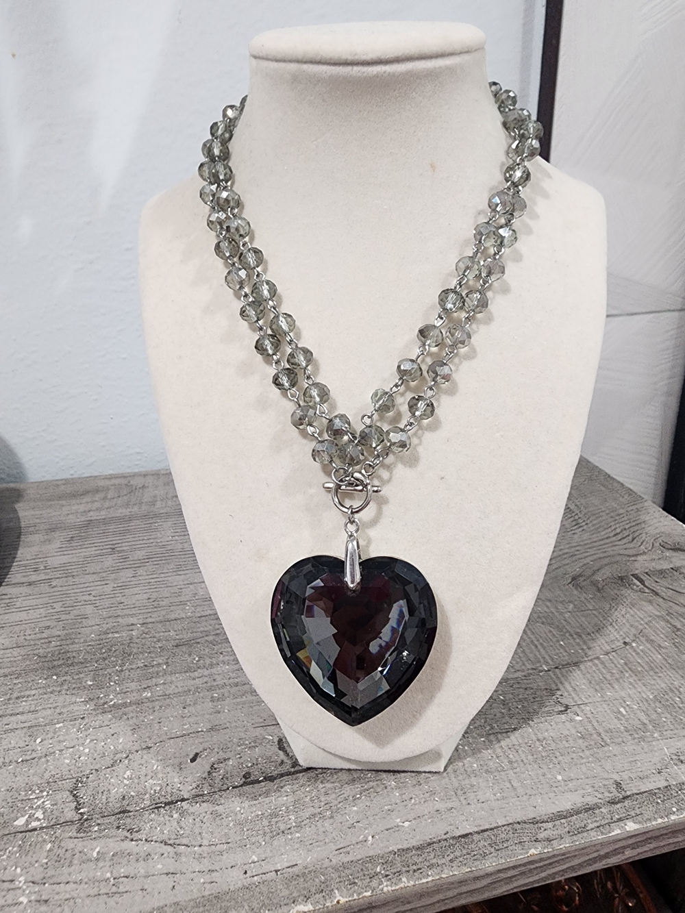Crystal Heart Pendant Necklace in Smoky Gray